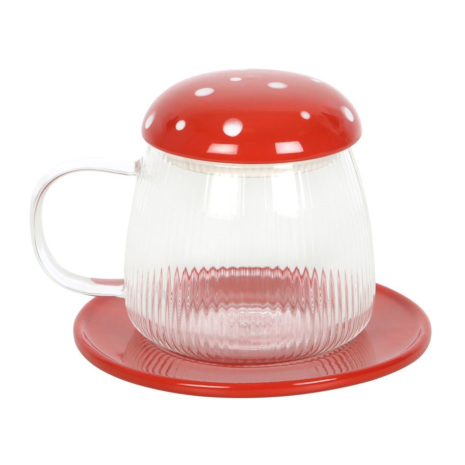 Toadstool Mushroom Glass Mug and Saucer - Mug - The Dark Rose Emporium