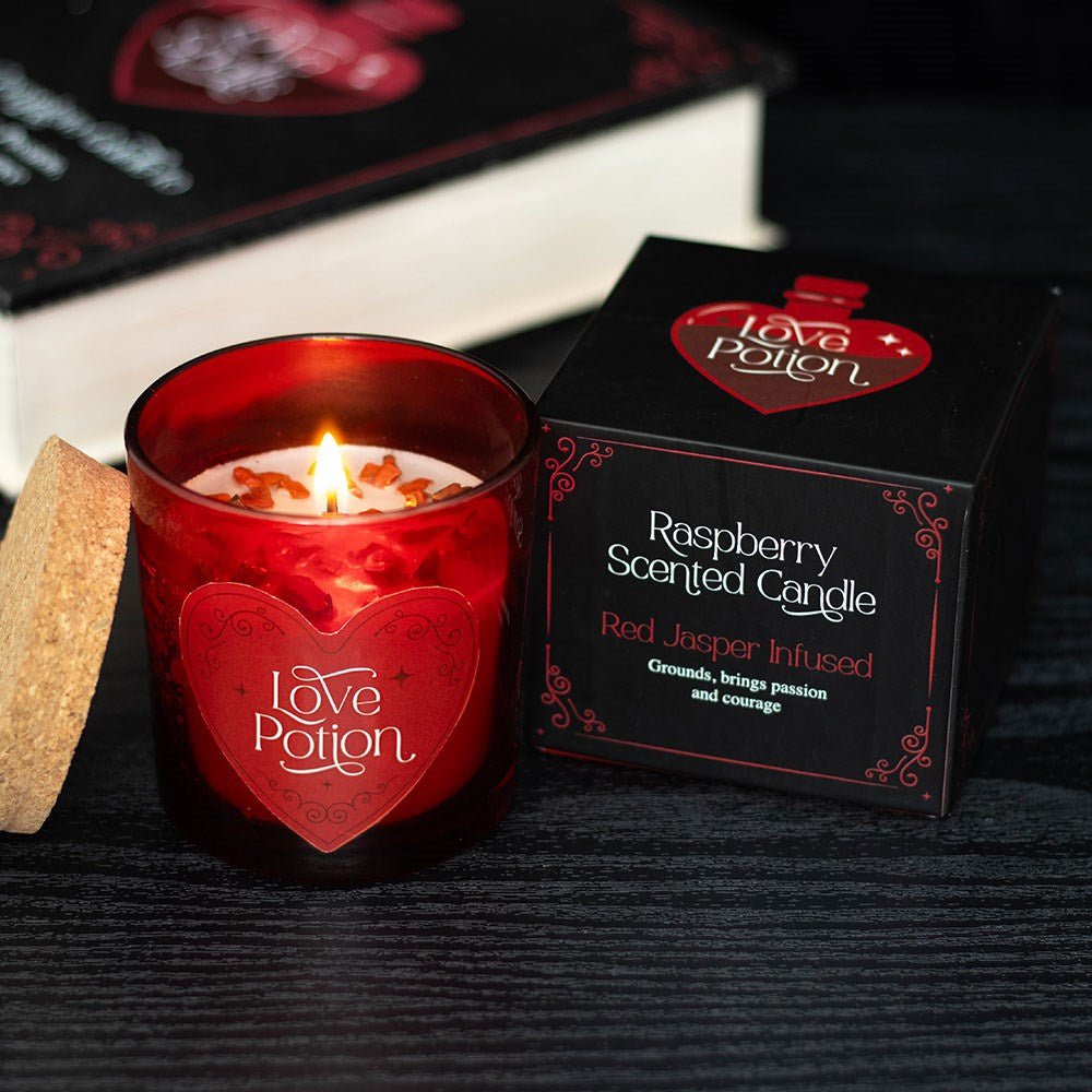 Love Potion Raspberry Scented Glass Candle With Jasper Chips And Cork Lid - Candle - The Dark Rose Emporium