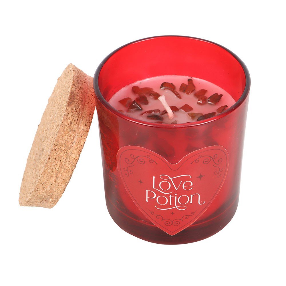 Love Potion Raspberry Scented Glass Candle With Jasper Chips And Cork Lid - Candle - The Dark Rose Emporium