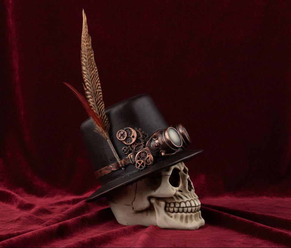 Steampunk Skull With Tophat And Feather - Decoration - The Dark Rose Emporium