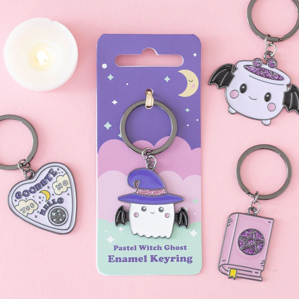 Candy Cauldron Ghost with Witch Hat Glitter Enamel Keyring - Keyring - The Dark Rose Emporium